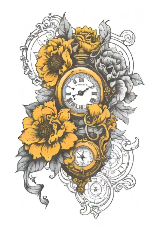 cosmo and marigold flowers, heart, pocket watch  tattoo design idea