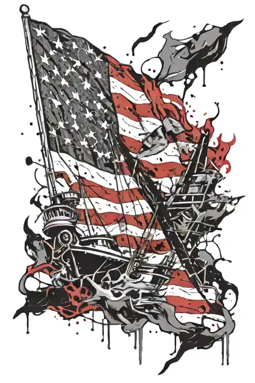 American flag torn by us Navy theme, naval ship, patriotix tattoo design idea