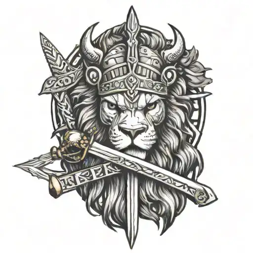 A lion wearing a viking helmet and holding a sword, with a quote from a hip hop song incorporated into the design tattoo design idea