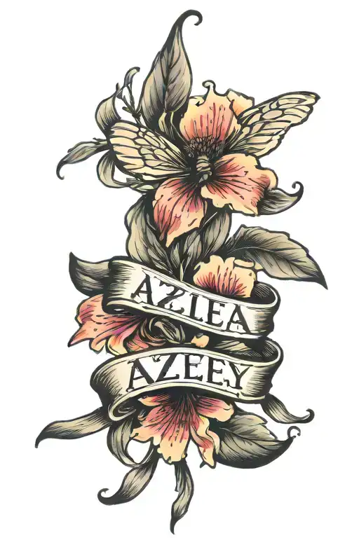 Azalea firefly text ribbon wrapped tattoo design idea