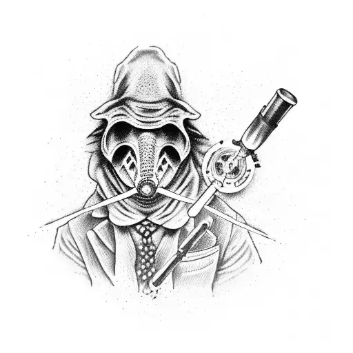 A dotwork tattoo of a plague doctor holding a syringe filled with a mysterious black liquid tattoo design idea