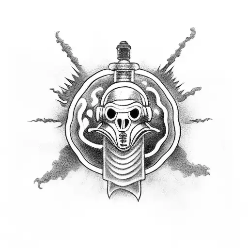 A black and grey tattoo of a plague doctor's silhouette surrounded by swirling clouds of toxic gas tattoo design idea