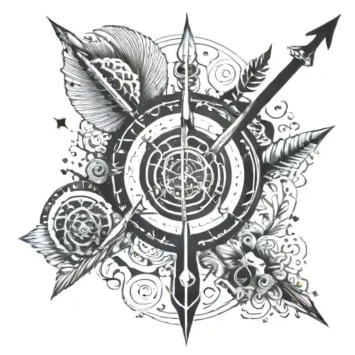 mix of trident,chakra,arrow,gadha and flute tattoo design idea