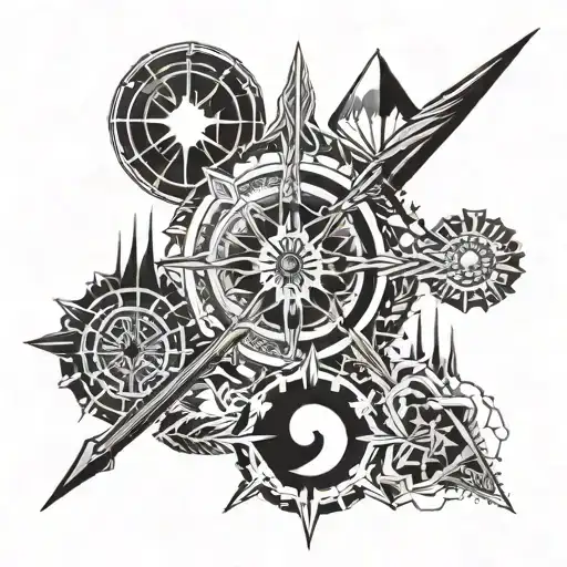 mix of trident,chakra,arrow,gadha and flute tattoo design idea