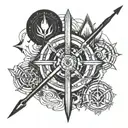 mix of trident,chakra,arrow,gadha and flute tattoo design idea