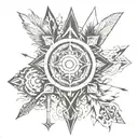 mix of trident,chakra,arrow,gadha and flute tattoo design idea