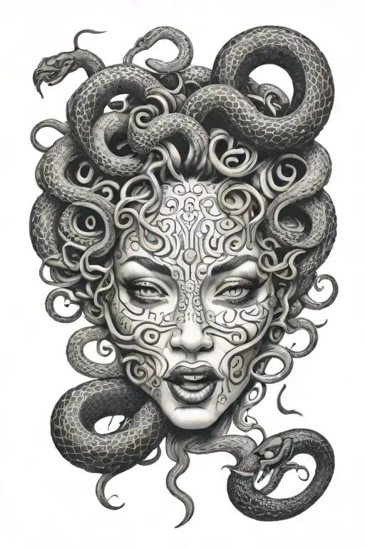medusa, pretty, black snakes and flowing tears, showing fangs tattoo design idea