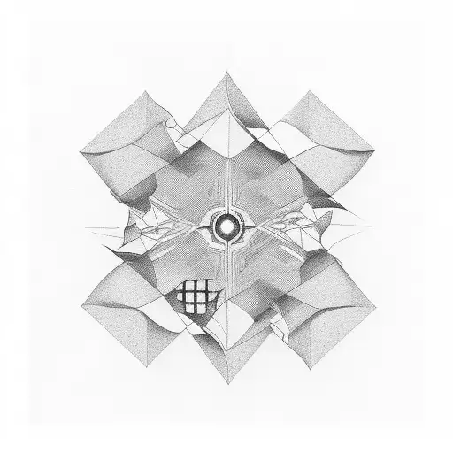 An abstract representation of a tennis ball splitting into multiple geometric shapes tattoo design idea