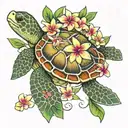 real sea turtle with bright colored plumeria  tattoo design idea