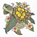 real sea turtle with bright colored plumeria  tattoo design idea