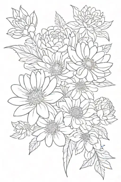 chrysanthemum, rose, and aster flowers in a bouquet  tattoo design idea