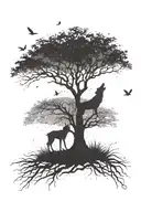 men's forearm tattoo of a large tree with flying birds against the backdrop of the silhouette of a large howling wolf. Under the tree tattoo design idea