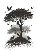 men's forearm tattoo of a large tree with flying birds against the backdrop of the silhouette of a large howling wolf. Under the tree tattoo design idea