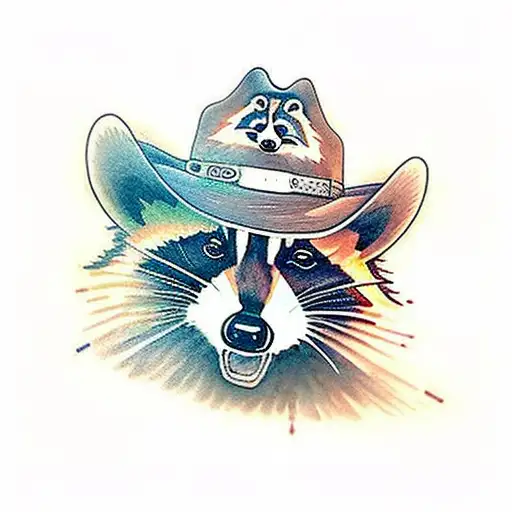 A portrait of a raccoon wearing a cowboy hat tattoo design idea