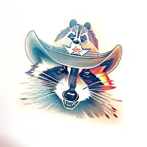 A realistic portrait of a raccoon wearing a cowboy hat tattoo design idea
