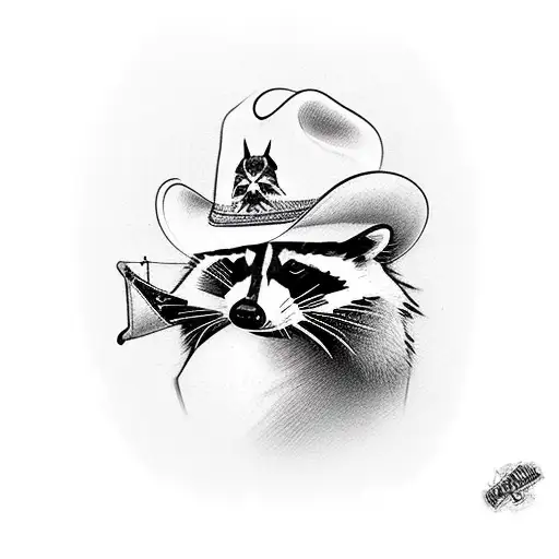 A realistic portrait of a raccoon wearing a cowboy hat tattoo design idea