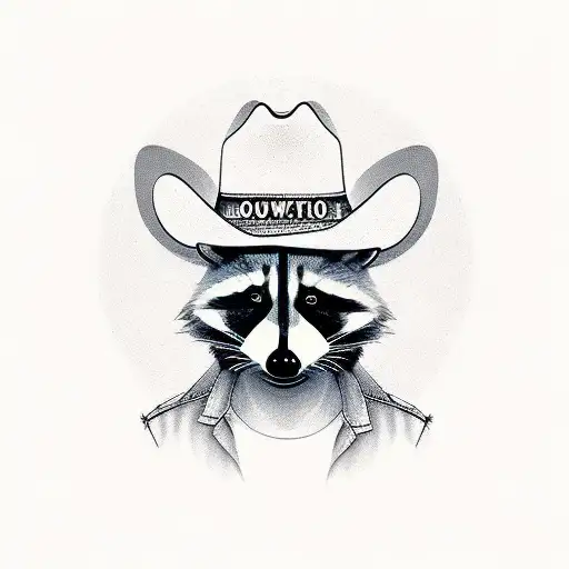 A realistic portrait of a raccoon wearing a cowboy hat tattoo design idea