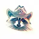 A portrait of a raccoon wearing a cowboy hat tattoo design idea