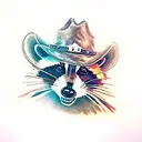 A realistic portrait of a raccoon wearing a cowboy hat tattoo design idea