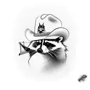 A realistic portrait of a raccoon wearing a cowboy hat tattoo design idea