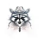 A realistic portrait of a raccoon wearing a cowboy hat tattoo design idea
