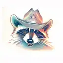 A realistic portrait of a raccoon wearing a cowboy hat tattoo design idea