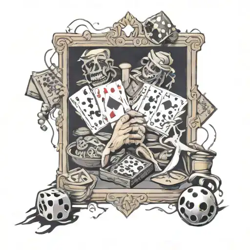 A tattoo design of a card game with bets taking place in a prison setting, with subtle references to Feid and The Walking Dead, in a dotwork style tattoo design idea