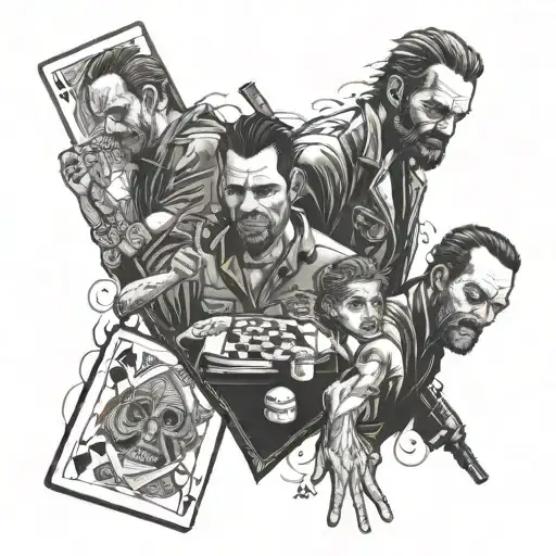 A tattoo design of a combination of characters from The Walking Dead and Prison Break playing a high-stakes card game, in a black-grey style tattoo design idea