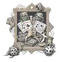 A tattoo design of a card game with bets taking place in a prison setting, with subtle references to Feid and The Walking Dead, in a dotwork style tattoo design idea