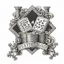 A tattoo design of a card game with bets taking place in a prison setting, with subtle references to Feid and The Walking Dead, in a dotwork style tattoo design idea