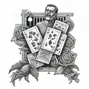 A tattoo design of a card game with bets taking place in a prison setting, with subtle references to Feid and The Walking Dead, in a dotwork style tattoo design idea