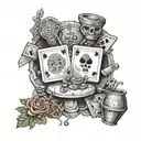 A tattoo design of a card game with bets taking place in a prison setting, with subtle references to Feid and The Walking Dead, in a dotwork style tattoo design idea