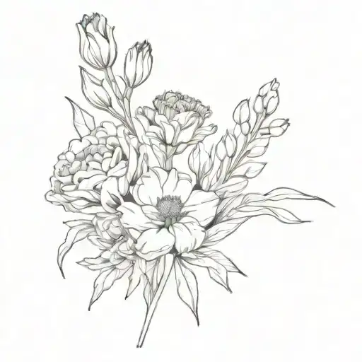bouquet with carnation, gladiolus, aster, chrysanthemum and poppy tattoo design idea