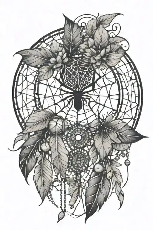spider web dream catcher entangled in a beautiful blackwork tattoo with beads and feathers and leaves  tattoo design idea
