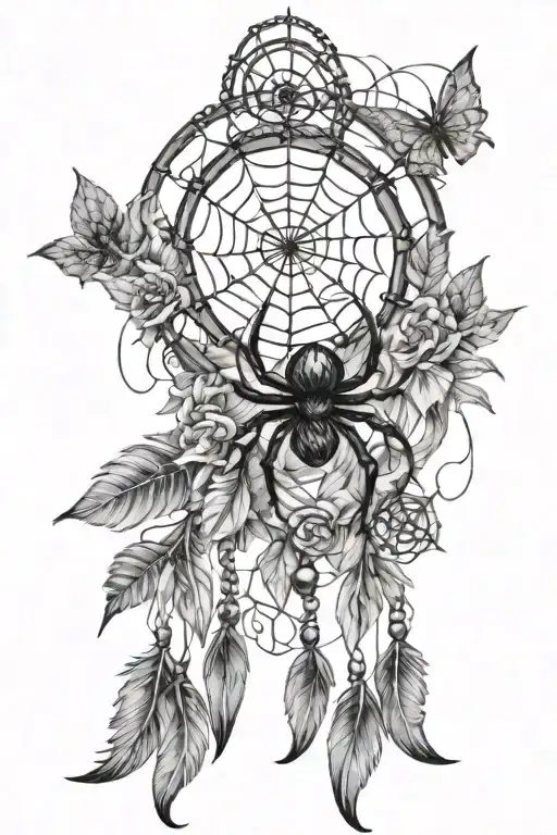spider web dream catcher entangled beautiful with feathers leaves beads  tattoo design idea