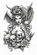 sexy 2 Woman pin up Gangster Girl angel and devil holding skull in the middle  tattoo design idea