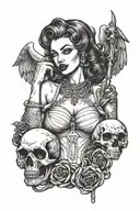 sexy 2 Woman pin up Gangster Girl angel and devil holding skull in the middle  tattoo design idea
