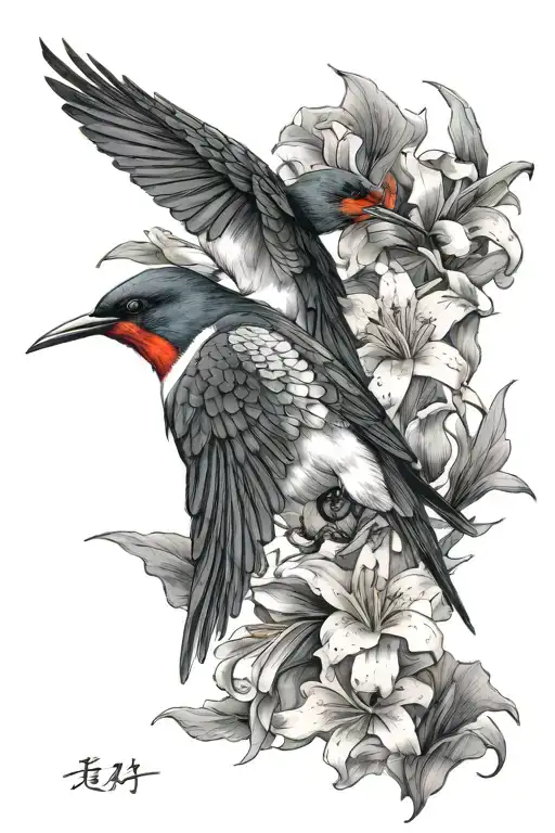 Give me tattoo picture i want there two swallows, samurai and red lily flower , Tattoo will be on my biceps and shoulder tattoo design idea