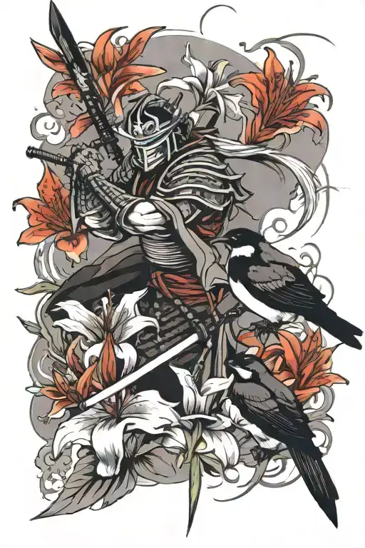i want there two swallows, samurai with katana and mask and red lily flower. everything black only lily red tattoo design idea