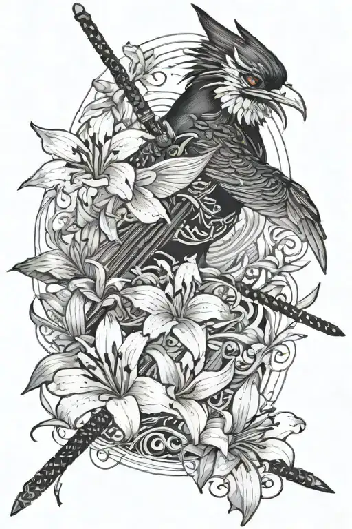 i want there two swallows, samurai with katana and mask and red lily flower. everything black only lily red tattoo design idea