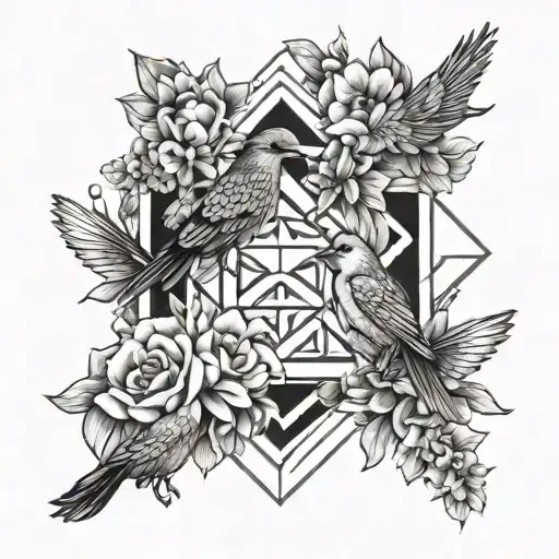 A geometric design incorporating flowers and birds in a symmetrical pattern tattoo design idea