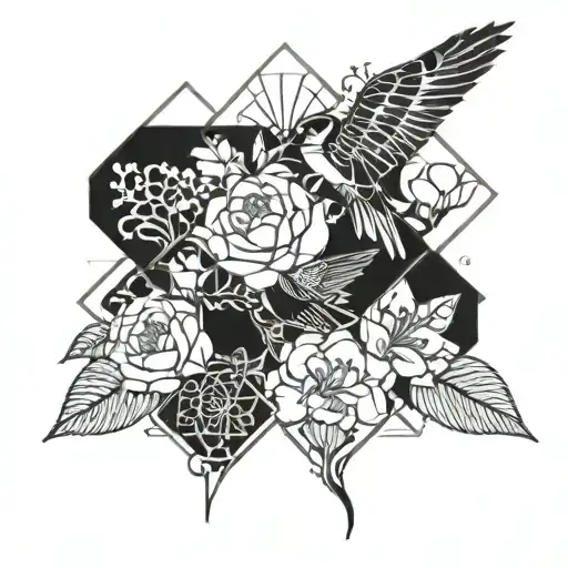 A geometric design incorporating flowers and birds in a symmetrical pattern tattoo design idea