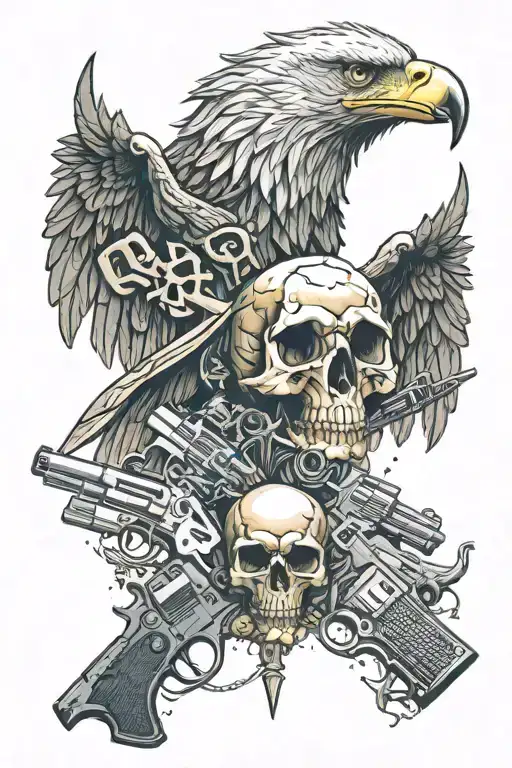 eagle, seas, skull and guns money drugs tattoo design idea