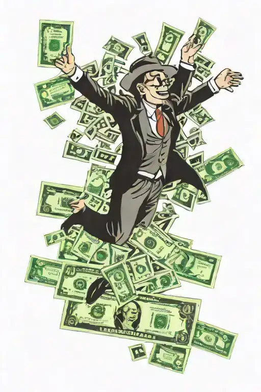 4 $100 bills in a spread surrounded by money is loyal  tattoo design idea