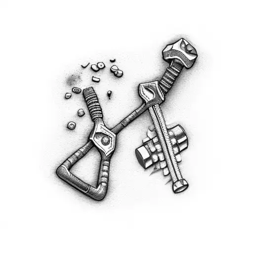 A detailed illustration of a hammer and spanner crossed over a human bone, representing your profession as an orthopedic surgeon. tattoo design idea