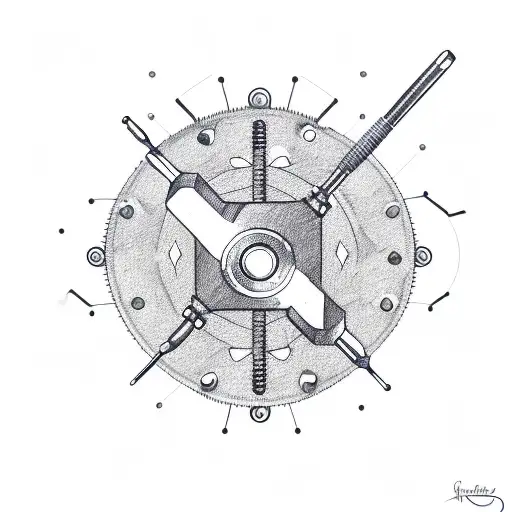 A minimalist sketch of a drill, hammer, and spanner arranged in a circular pattern, showcasing your favorite tools as an orthopedic surgeon. tattoo design idea