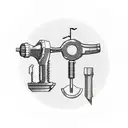 A minimalist sketch of a drill, hammer, and spanner arranged in a circular pattern, showcasing your favorite tools as an orthopedic surgeon. tattoo design idea