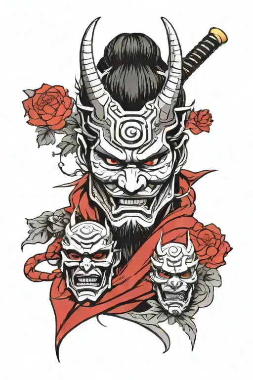 Minimalism. In Japanese style. Mask of a samurai and a demon in one face, cracked in the middle. Against the background of a Japanese shrine. tattoo design idea