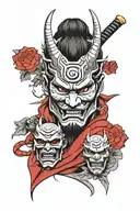 Minimalism. In Japanese style. Mask of a samurai and a demon in one face, cracked in the middle. Against the background of a Japanese shrine. tattoo design idea