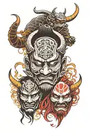 Minimalism. In Japanese style. Mask of a samurai and a demon in one face, cracked in the middle. Against the background of a Japanese shrine. tattoo design idea